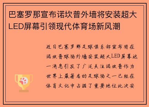 巴塞罗那宣布诺坎普外墙将安装超大LED屏幕引领现代体育场新风潮 巴塞罗那宣布诺坎普外墙将安装超大LED屏幕引领现代体育场新风潮